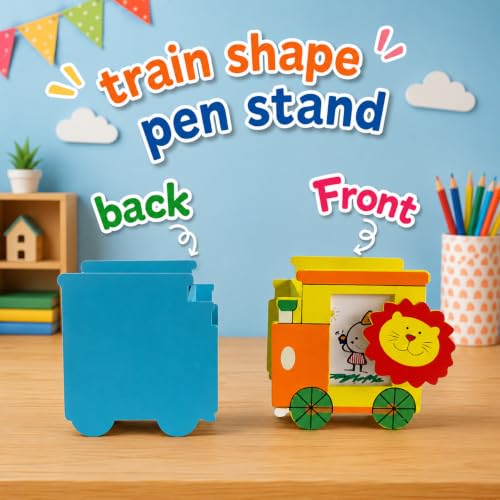 Image of GOLD LEAF Wooden Pen Stand with Photo Frame Birthday Return Gifts for Kids (Multicolor, Pack of 6) (Train)