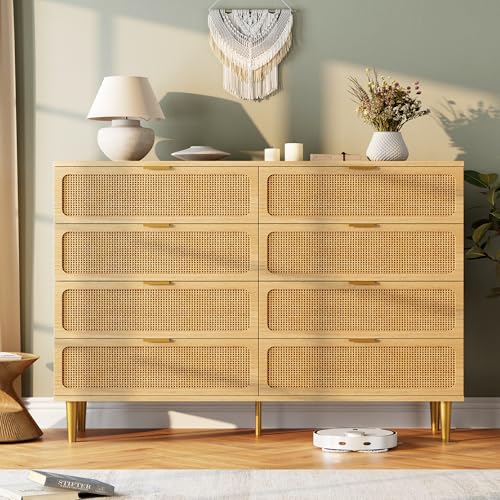 Rattan 8 Drawer Dressers for Bedroom, Tall Dresser with Deep Drawers, Large Chest of Drawers for Closet with Wide Top, Long Wooden Dresser for Living Room, Hallway, Kids Room, Natural