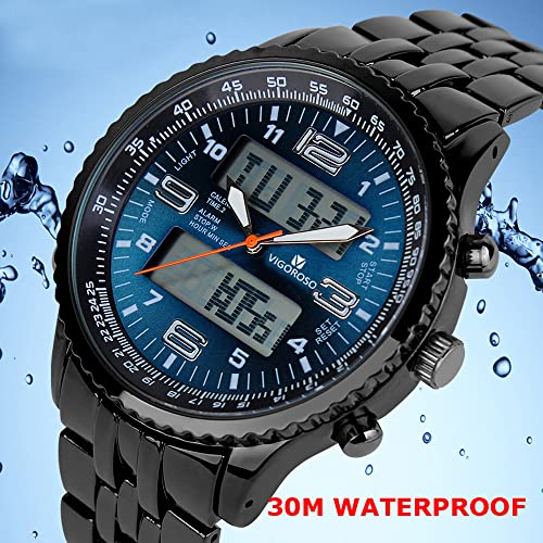 VIGOROSO Men's LED Analog Digital Watch Men Date Week Sports All Black Steel Mens Watch for Men4