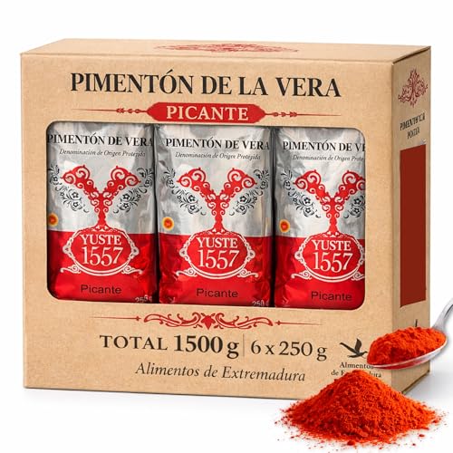 Pimentón de la Vera Ahumado Picante, Denominación Origen Protegida, Pimentón Yuste 1557, Producido en Extremadura, Ideal para guisos, carnes, salsas y platos tradicionales, 6 bolsas de 250 gr