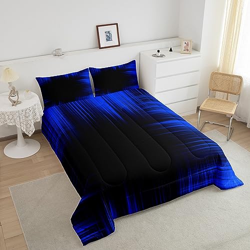 Image of Feelyou Blue and Black Bedding Set King Size, Geometric Artistic Smear Comforter Abstract Ombre Comforter Set Kids Toddler Gradient Lines Duvet Set Kids Room Decor Microfiber Bed Set