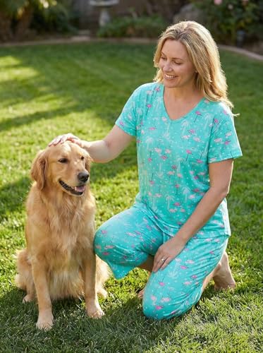 Image of CHUNG Women Cotton Pajama Sets Sleepwear pjs Short Sleeve Shirt Capri Length Crop Pants Cute Vivid Print