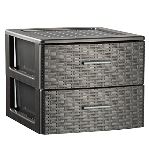 Tradineur - Cassettiera in rattan di plastica, 2 cassetti, torre multiuso, organizer ausiliario, stoccaggio, bagno, 31,5 x 36,5 x 36,5 x 36,5 cm, colore: antracite