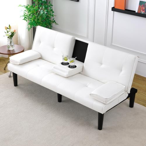 Futon Sofa Bed Modern Folding Couch for Small Space, Faux Leather Convertible Loveseat Sleeper Bed Daybed Recliner Lounge Sofas for Living Room,2 Cup