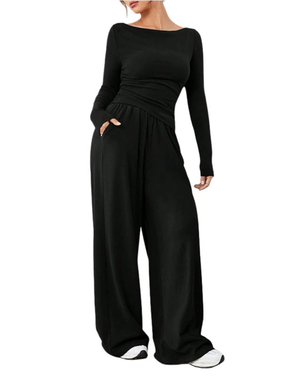 Conjunto Deportivo Mujer Invierno Chándales Chandal Mujer Completo Casual Completo Manga Larga 2 Piezas Suave Top Manga Larga Pantalón Pata Ancha para Fitness Jogging