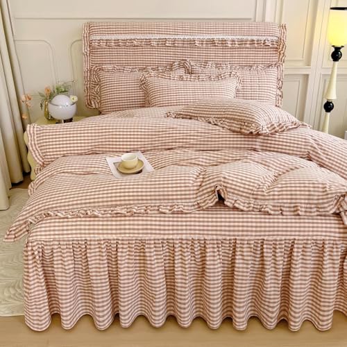 Image of LifeTB Pink Gingham Comforter Set Full Ruffle Pink Plaid Comforter Set 3 Pieces Grid Checkered Pattern Comforter with 2 Pillowcases Fluffy Boho Farmhouse Gingham Bedding Comforter for All Seasons
