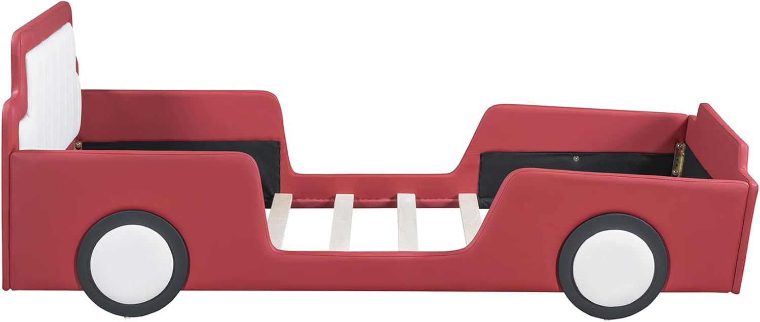 Merax Twin Bed Frames for Boys,Race Car Platform Bed with Wheels,Soft PU Leather Headboard and Footboard,Kids Car Bed Twin Size No Box Spring Needed