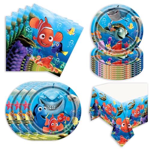 Autrpoweo 41Pcs Finding Nemo Birthday Party Supplies 10 9 Plates 10 7 Plates 20 Napkins and 1 Tablecover for Finding Nemo Party Decoration