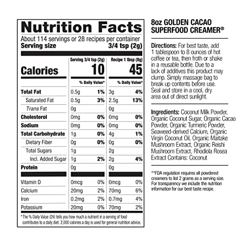 Image of Laird Superfood Non-Dairy Original Superfood Golden Cacao Coconut Powder Coffee Creamer with Functional Mushrooms, Maitake, Reishi, Gluten Free, Non-GMO, Vegan, 8 oz. Bag, Pack of 1