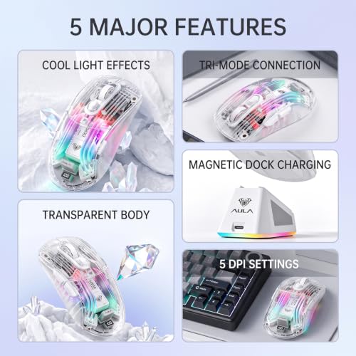 Image of RGB Magnetic Charging Dock Gaming Mouse, 12K DPI, PAW3311 Sensor, Tri-Mode Wireless, 6 Programmable Buttons, Ultra-Light 72g for PC /Mac (White- Transparent)