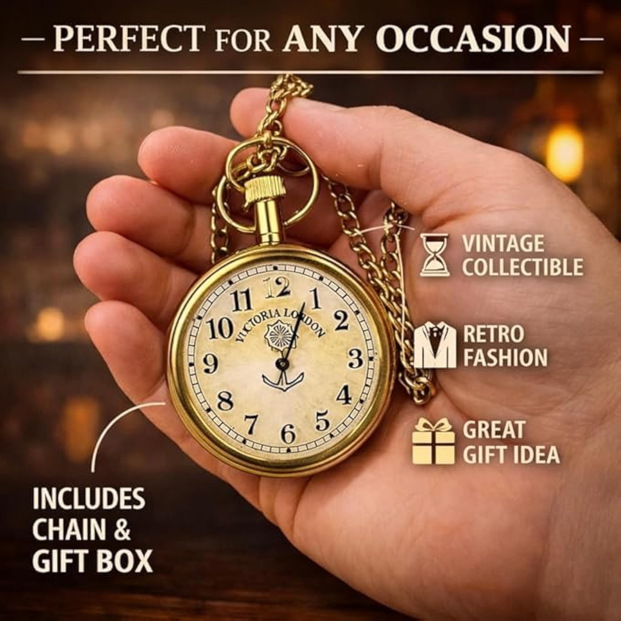 Vintage Pocket Watch with Chain, Classic Gold Design