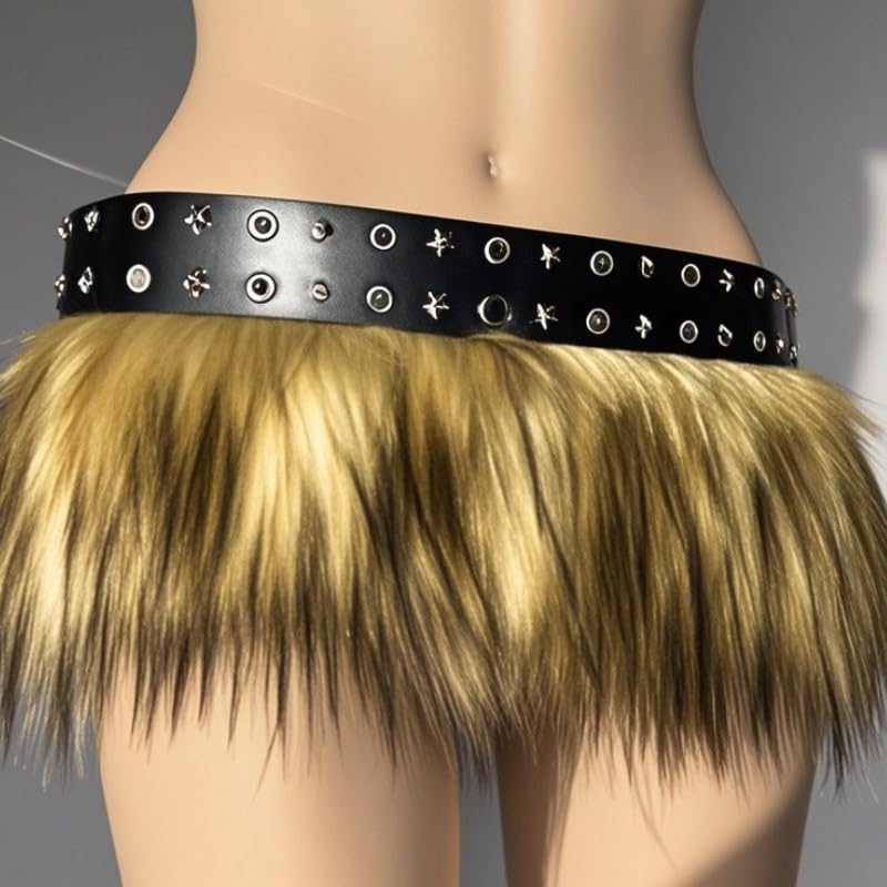 Faux Fur Mini Skirt with Star Studded Leather Belt, Women Gothic Punk Belt,Western Festival Costume Waist Belts Waistband for Dresses and Pants4