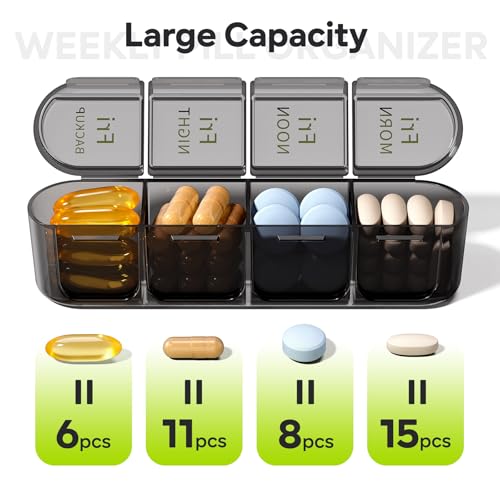 Image of Daviky Pill Organizer 4 Times a Day - Pill Box 7 Day, Weekly Medicine Pill Organizer for Travel with Removable Containers, Pill Case to Hold Daily Vitamins, Supplements and Medication (All Black)