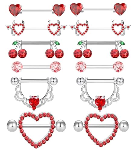 TIANCI FBYJS 6 Pairs Nipple Rings Stainless Steel Heart Cherry Apple Butterfly CZ Stud Barbell...