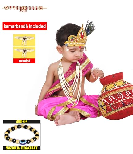 Image of Krishna Dress for Kids, Baby Krishna Dress for Janmashtami with Krishna Mukut, Peacock Feather & Flute Embroidered Krishna Costume for Girl & Boy, 3 Months-8 Years