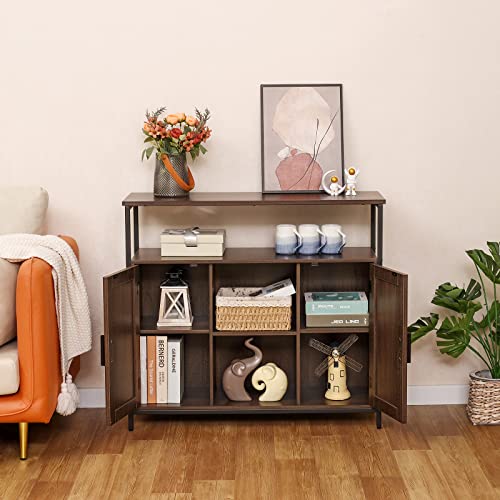 Usikey Storage Cabinet With 2 Doors, Buffet Cabinet, Kitchen Cabinet With Adjustable Shelves, Open Compartment, Storage Sideboard, For Dining Room, Living Room, Bedroom, Dark Oak #TOP4