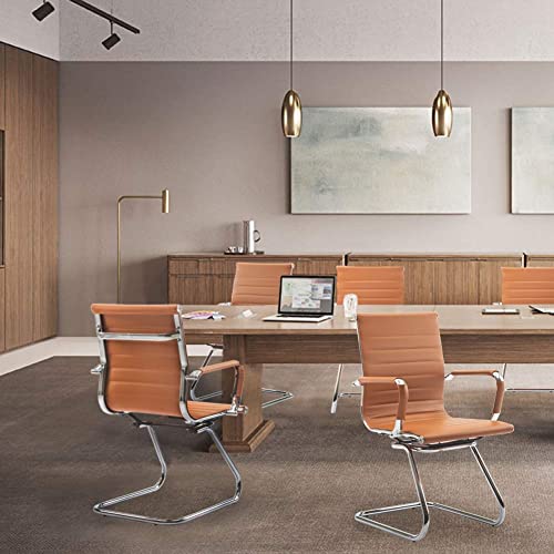 Image of HNY Leather Office Guest Chairs & Reception Chairs Set of 6, Modern Waiting Room Chairs with Arms, Desk Chair no Wheels with Sled Base for Waiting Room /Conference Room, Cognac