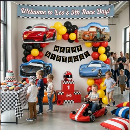 Image of Rozi Decoration Car Theme Birthday Decoration Kit with Happy Birthday Paper Banner, Racing Car Printed Foil Balloons & Latex Balloons - Pack of 68 Pcs Car Birthday Decoration Items