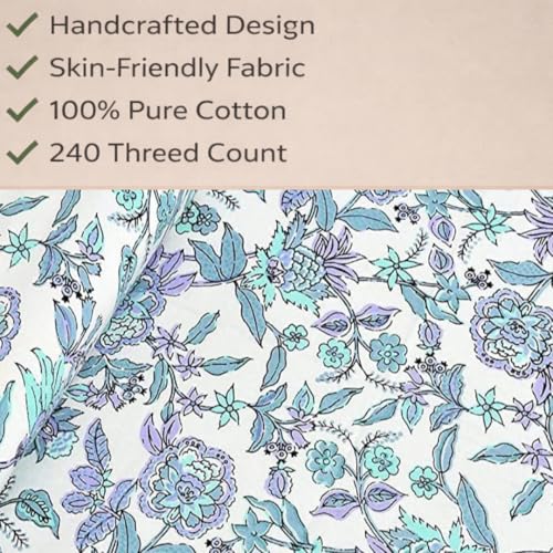Image of elanorhomes 100% Cotton 240 TC Single Bedsheet for Single Bed, 60 x 90 inch Cotton Bed Sheet with 1 Pillow Cover, Soft Breathable Floral Printed Bedsheet for Bedroom (Azure Bloom)