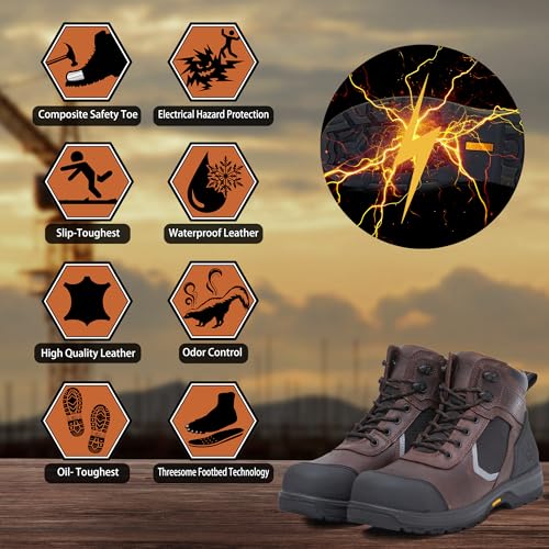 6" Work Boots For Men Leather ASTM F2413-18 Composite Safety Toe EH Rated Arch Support Anti Fatigue3