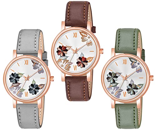 MAHI Trendz Analog 6 Different Color Flowered Dial Watch for Womens and Girls Single and Combo Watches for Women and Girl Pack of 2 and Pack of 3 (Grey,Brown,Green)