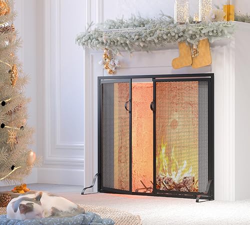 Kingson Fireplace Screen with Magnetic Doors, 2-Pannel Handcrafted Solid Wrought Iron Decorative...