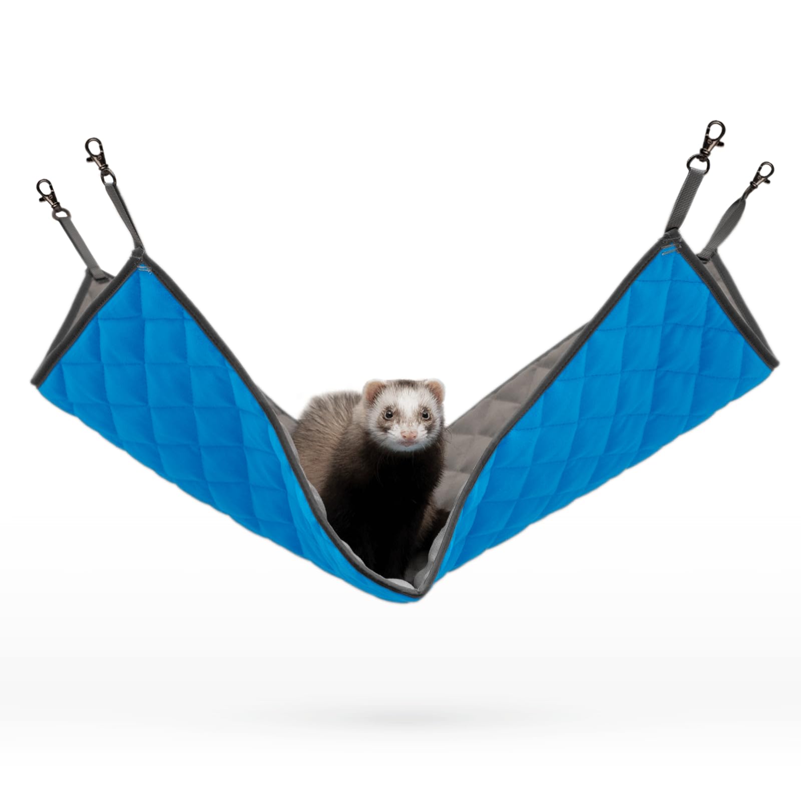 Paw Inspired Hanging Fleece Hammock for Ferrets, Rats, Chinchillas, Sugar Gliders, Cats | Hideout Toy for Guinea Pigs, Hamsters | Swivel Clips for Small Animal Cages (Gray/Blue)