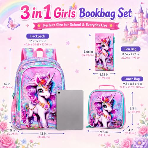 Image of HPJGD 3PCS Unicorn Backpack, Water Resistant Girls Bookbag Set with Lunch Box,Cute Kids Elementary School Bag for Preschool Toddler