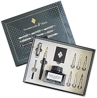 Wordsworth & Black Calligraphy Pen Gift Set, Includes Ink Bottle, 6 Ink Cartridges, Ink Refill Converter, 6 Replacement Nibs, Premium Package, Journaling, Smooth Writing Pens [Black Chrome]