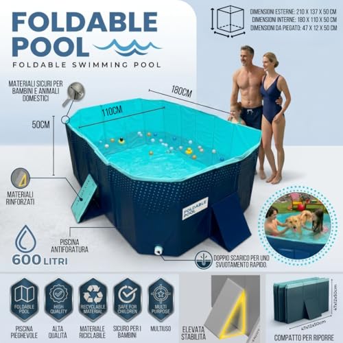 Industex - Piscina Pieghevole Foldable Pool, Piscina Per Bambini E Adulti, Piscina Smontabile, Vasca Da Bagno, Piscina Giocattolo, 600L (180 X 110 X 50 Cm) - 2