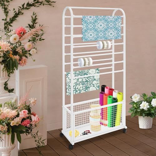 Image of CNCEST Double-Sided Ribbon Holder Organizer Rack,Free Standing Mobile Ribbon Holder,Metal Ribbon Stand Organizer,Ribbon Display Rack Storage Shelf for Craft Room,Wrapping Paper(White,27.6x11.8x65in)