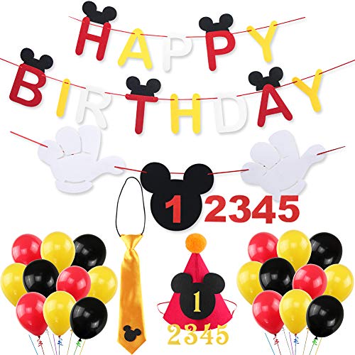 Mouse Happy Birthday Banner Decorations Kit, Mouse Banner Tie Hat for Baby Birthday Party Mouse Theme Party Supplies