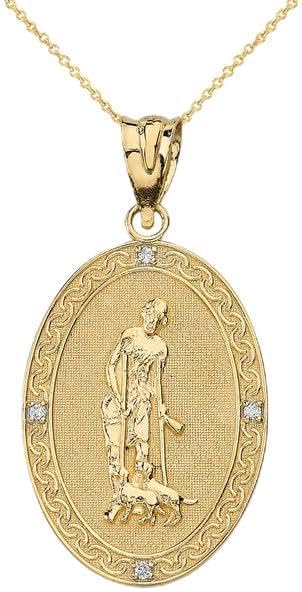 Saint Lazarus Engravable Oval Medallion with Diamond Fine Pendant Real Solid 10Kt Gold