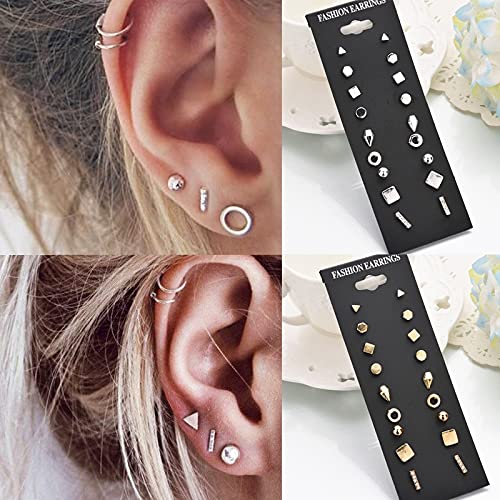 Achieer 16Pairs/Set Simple Vintage Geometric Crystal Stud Earrings Set Charm Trendy Gold/Silver Stainless Steel Punk Earrings Women Causal Jewelry Accessories Gift (A-Silver) #TOP7