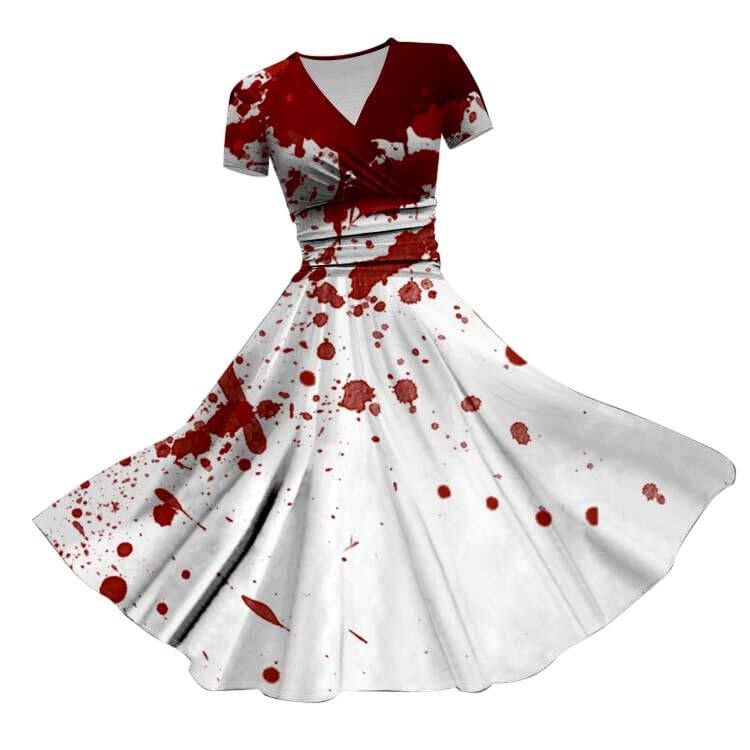HUIFUAO Halloween Dresses for Women Scary Bloody Fancy Dress Plus Size Halloween Costumes V Neck Short Sleeve Party Evening Horror Festival Cosplay Outfits Clothes (Z05-White, A)