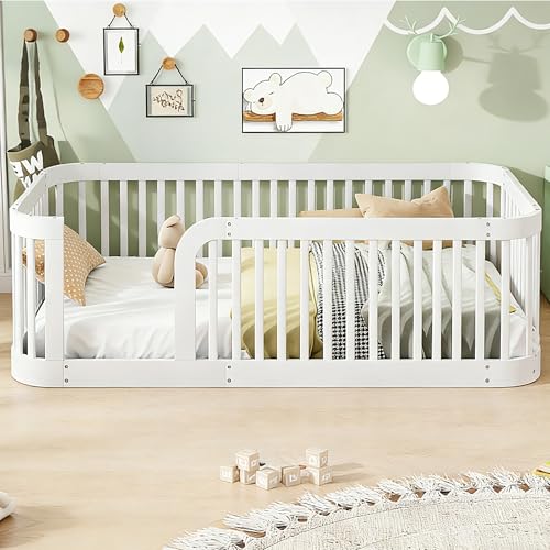 Image of Bellemave Twin Size Floor Bed Frame with High Fence,Solid Wood Kids Montessori Floor Bed Twin Size for Kids Girls Boys,Rounded Corner Design,White