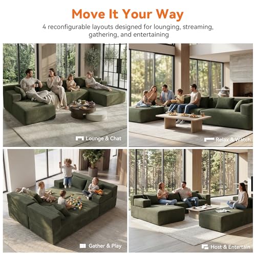 Image of MONVANE 141 inch U Shaped Cloud Sectional Couch with Chaise Lounge, Modular Sectional Sofa with Removable Armrests, Comfy Corduroy Boneless Couches for Living Room, No Assembly Required, Green
