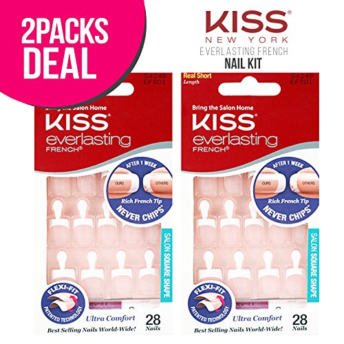(2-PACK) KISS Everlasting French Nail Kit (EFS01) Free Glue, Premium False Nails, Fashion Fake Nails