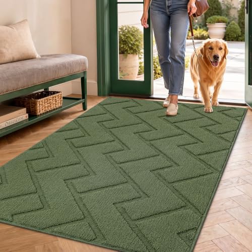 Image of hicorfe Front Door Mat Outside Entrance,36 inchx59 inch Absorbent Muddy Dirt Resist Welcome Door Mats Outdoor Indoor,Stain and Fade Resistant,Non Slip Backing Entry Mat Doormat for Entryway(Green)