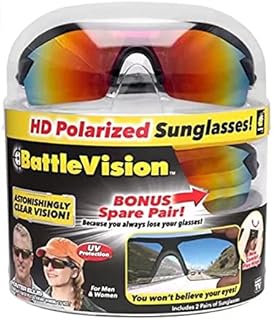 BattleVision Sunglasses As Seen on TV HD Polarized 2 Pairs, Eliminates Glare, Optimize Light & Block Blue Rays, Unisex, Black, One Size