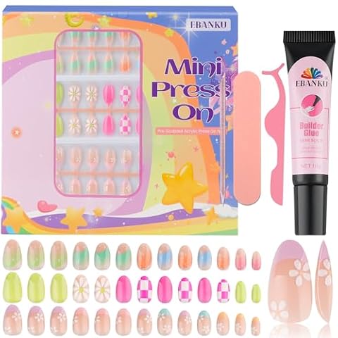 78 sztuk do wciskania na paznokcie dla dzieci, EBANKU 3 Pack Kid Fake Nail Colorful Flower Press on Nails dla dziewczynek w wieku 8-12 lat z żelowymi klejami do paznokci i klejem do budowania paznokci
