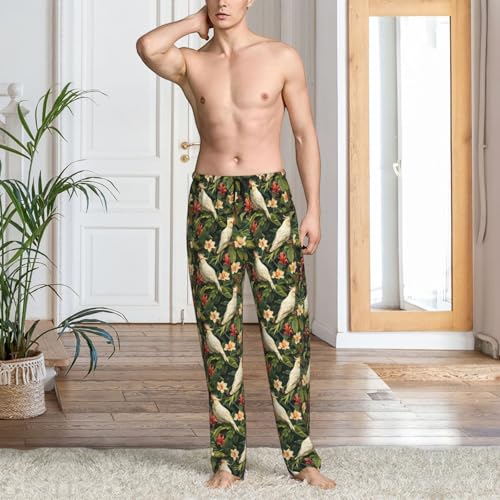 Mens Pajama Pants - White Parrots And Flowers Print Soft Sleep Lounge Pants For Men, Casual Pj Bottoms With Pockets2