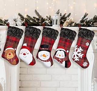 ABSOFINE Christmas Stocking 18" Red Scotland Plaid Classic Christmas Stockings with Black Faux Fur Plush Cuff Traditional Hanging Xmas Stockings for Christmas Fireplace Decorations Socks, Set of 5