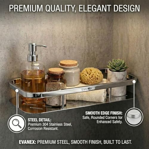 Image of EVANEX Bathroom Storage Shelf | 12x5 Inch 304 Stainless Steel Bathroom Racks & Shelves | Wall Mounted Multipurpose Shelf | Kitchen Storage Organiser Rack | Bathroom Accessories Set