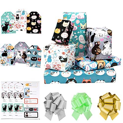 Holijolly Juego De Hojas De Papel Para Envolver. Plegadas. Planas. Lazos & Etiquetas Y Pegatinas De Regalo. 6 Diseños De Gatos Diferentes (4.2 Metros Cuadrados). 70 X 100 cm Por Hoja Cover
