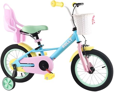 RULLY Toddler Bike for Girls 2 3 4 Years, 12 Inch Rainbow Bicycle with Training Wheels, Safe Handbrake, Doll Seat & Basket