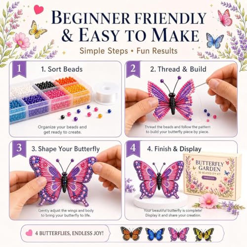 Image of PATPAT 3D Seed Beads Kit for Butterfly Animals Making with Bead, Charms and Instructions Tools Kit, Small Beads for Kids Activity for Embroidery, Art & Craft Projects, Home Decoration