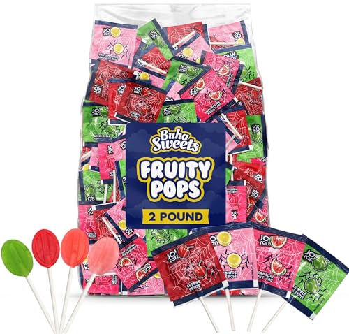 Bulk Halloween Lollipops Candy Variety Pack - 2 Pound Approx. 120 Suckers - Assorted Flavors Cherry, Watermelon, Green Apple & Pink Lemonade - Individually Wrapped Flat Lollipop for Parties, Candy Buffets & Treat Bags