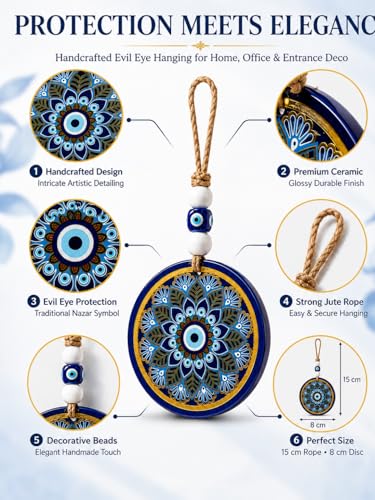 Image of Evil Eye Hanging for Home Decor, Turkish Nazar Wall Hanging, Handcrafted Ceramic Evil Eye Ornament with Jute Rope & Beads, Protection Door Hanging for Entrance, Balcony, Office & Housewarming Gift