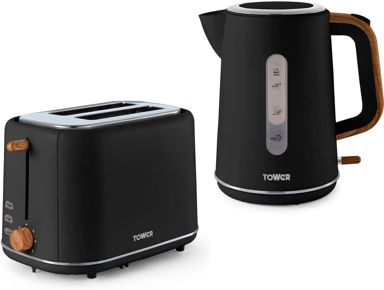 Tower Scandi Black 1.7L 3KW Rapid Boil Kettle & 2 Slice Toaster